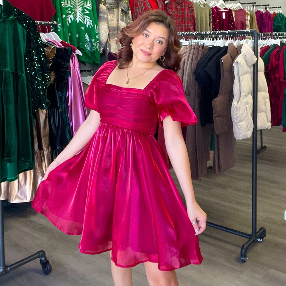 Red Puff Sleeve Babydoll Dress
